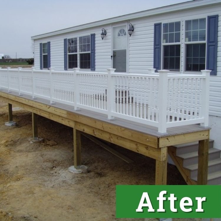 a custom built deck with white railings