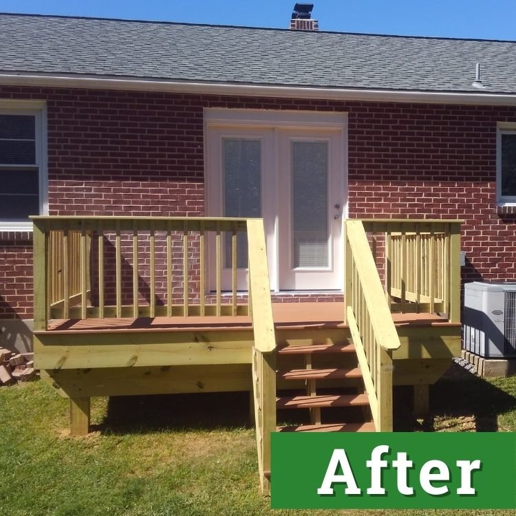 newly installed stairs and a custom built deck lead up to double white doors