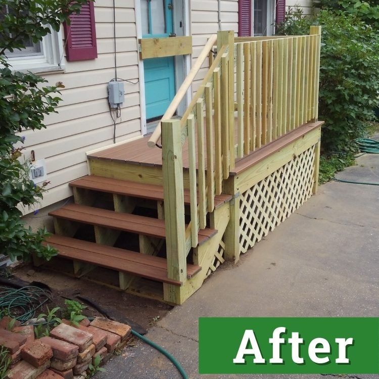 newly built wooden steps and railing lead up to the side of a house