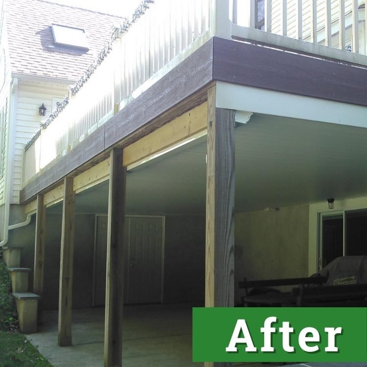 double doors and wooden beams stand underneath of a newly built deck