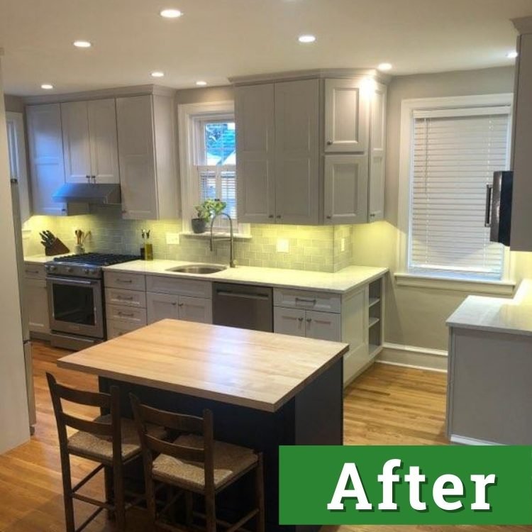 a brightly lit kitchen with new white cabinets