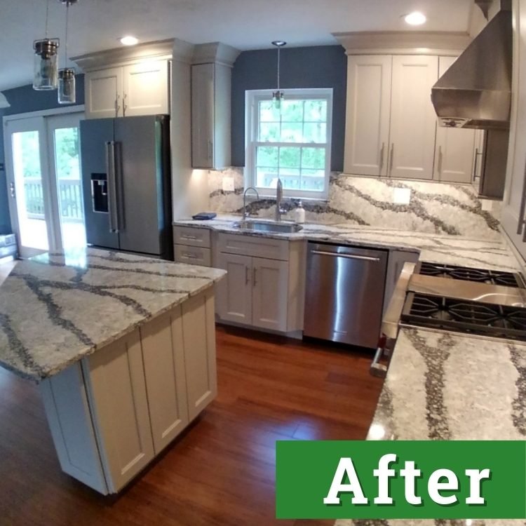 white cabinets with white and black marble countertops