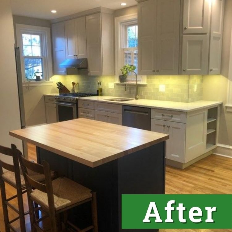 a newly remodeled kitchen with bright lights and white cabinets