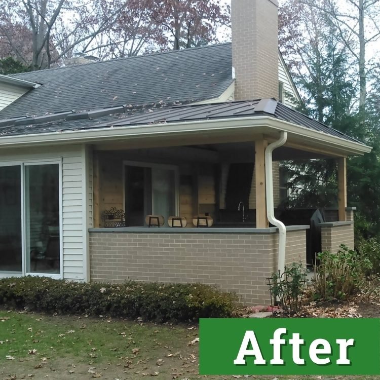 a newly built patio with partial enclosure and a roof