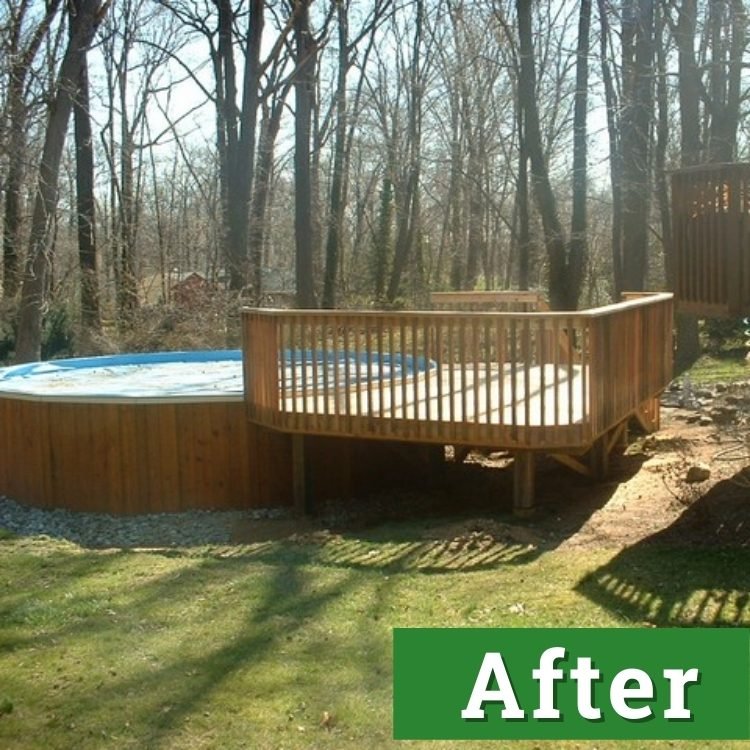 an above ground pool with a new custom built pool deck