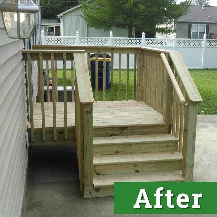 a small newly built deck on the side of a house