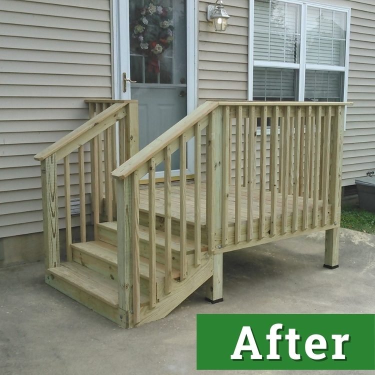 a small newly built deck rests on concrete next to a house